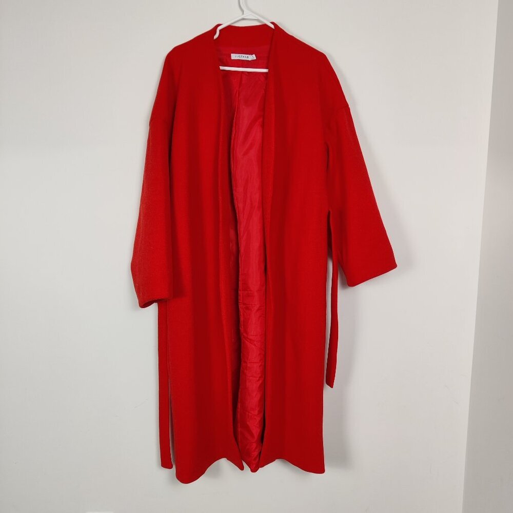 JustFab Women's Trench Coat Size M Red Orange V Neck Business Casual NYE Holiday